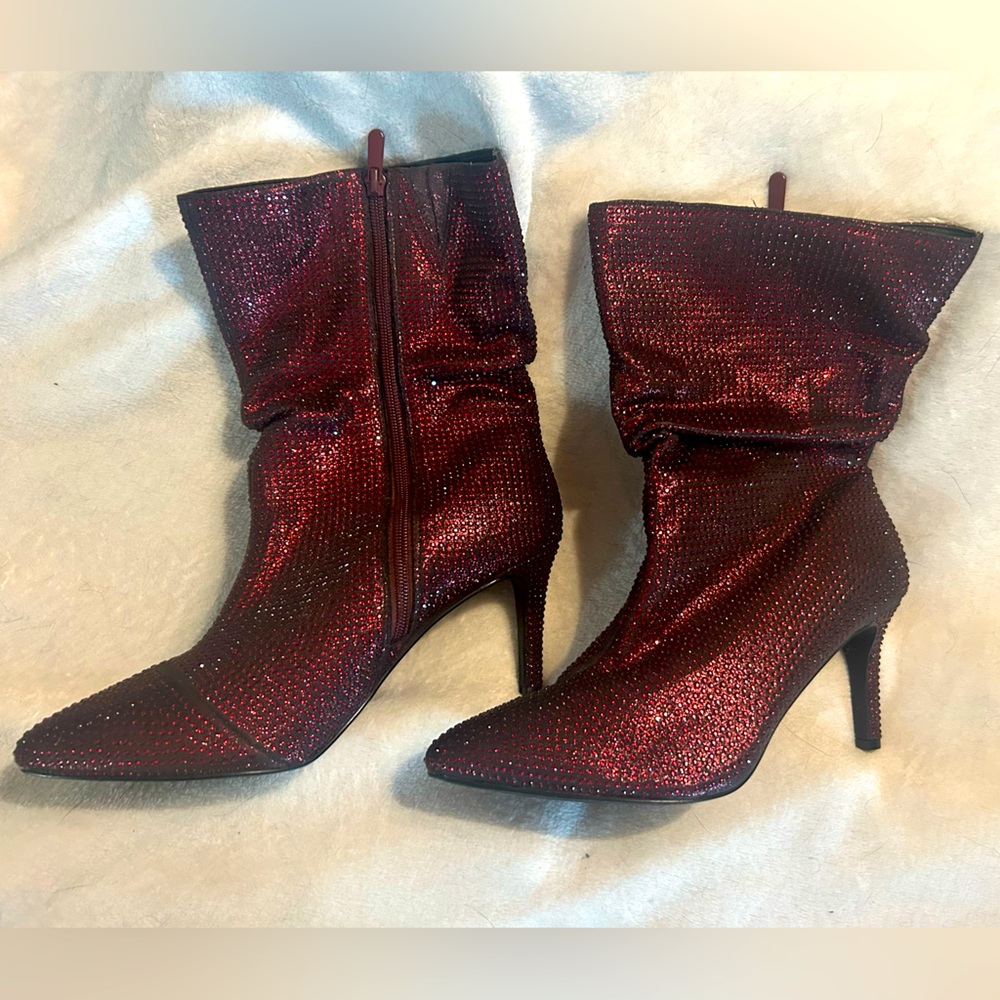 Red Rhinestone Kitten-Healed Slouch Booties